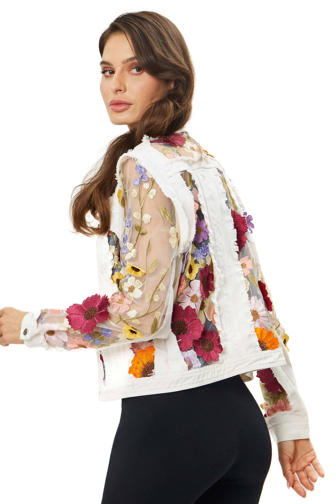White Denim Jacket with Floral Embroidery: XL