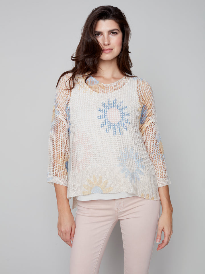 Printed Fishnet Crochet Sweater - Natural - C2326