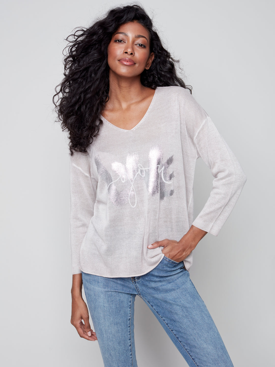 Cold-Dye Sweater with Foil Print - Light Nougat - C2506