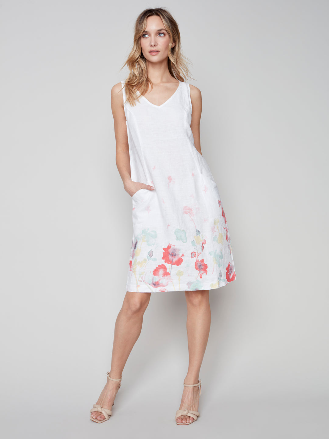 Sleeveless Printed A-Line Linen Dress - Grapefruit - C3115B_032B
