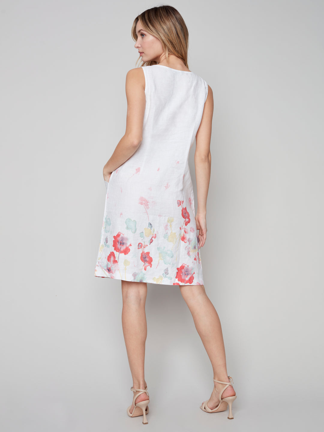 Sleeveless Printed A-Line Linen Dress - Grapefruit - C3115B_032B