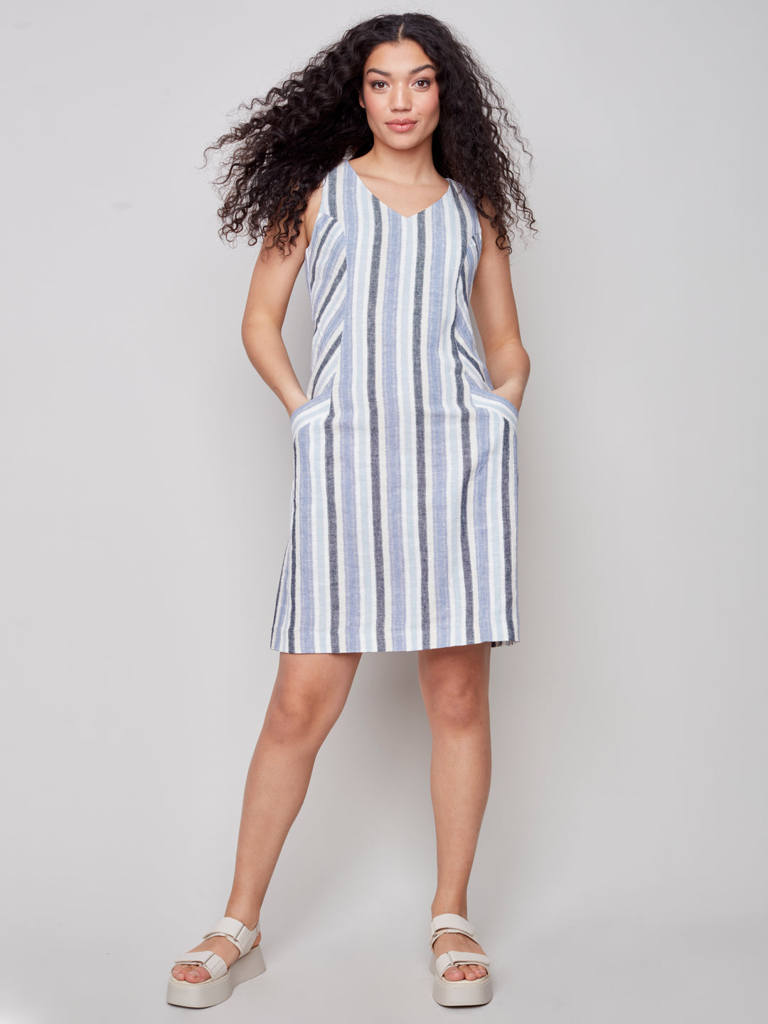 Sleeveless Striped A-Line Dress - Cerulean -C3115 571B
