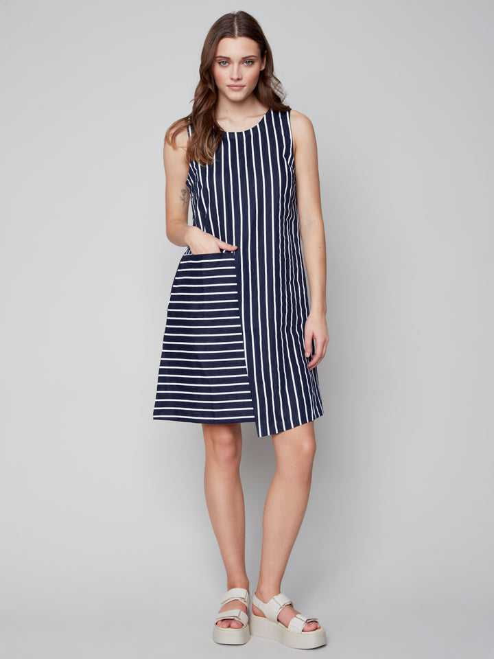 Asymmetrical Striped Linen Dress - Marine - C3157