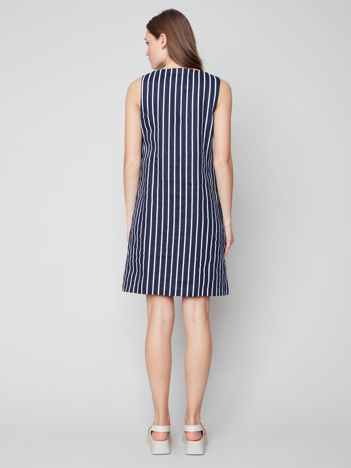 Asymmetrical Striped Linen Dress - Marine - C3157