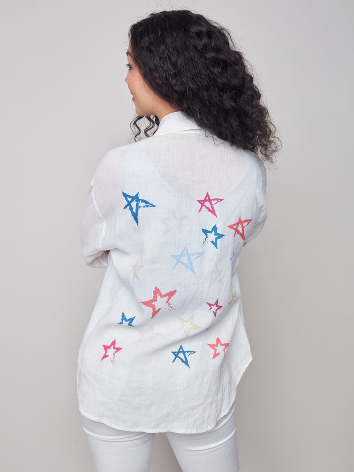 Linen Tunic Blouse with Stars - White - C4444