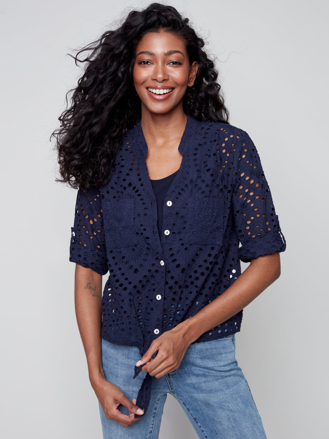 Eyelet Embroidery Front Tie Cotton Blouse - C4467
