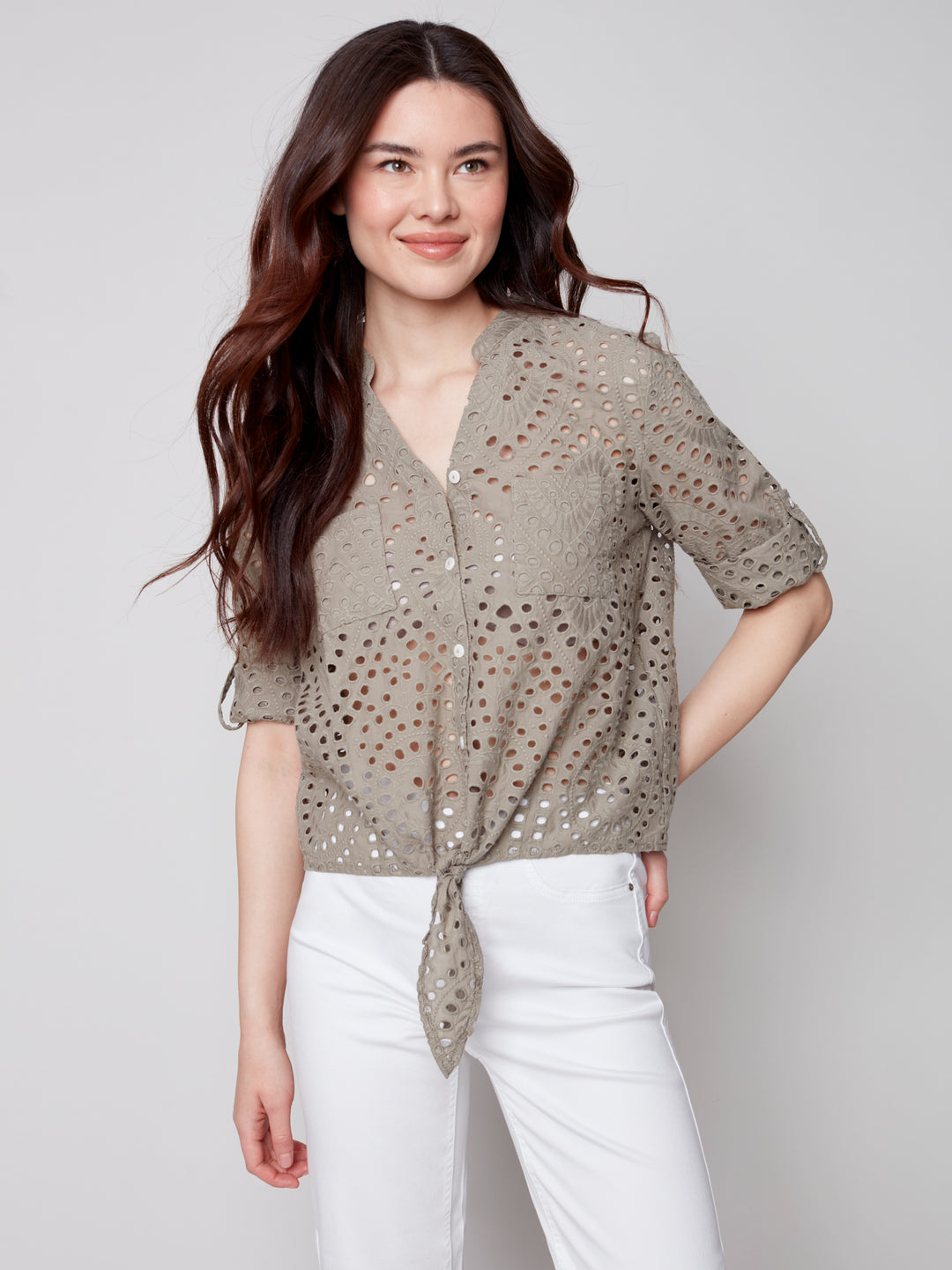Eyelet Embroidery Front Tie Cotton Blouse - C4467