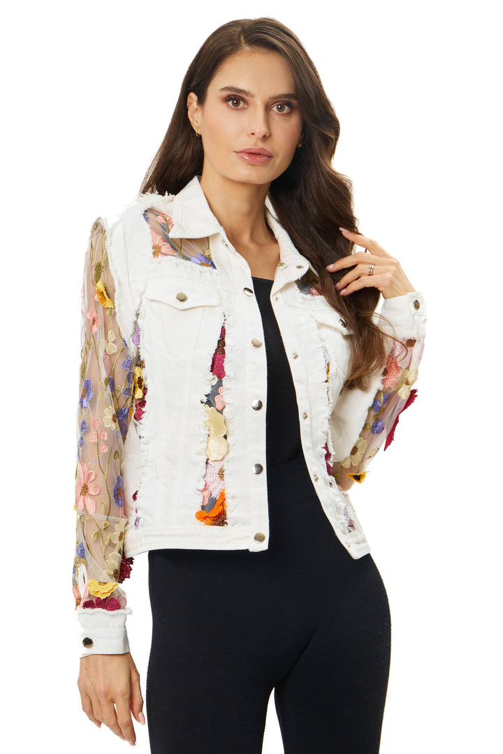 White Denim Jacket with Floral Embroidery: L