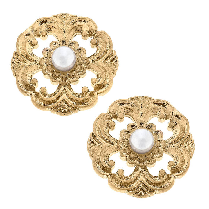 - Marguerite Acanthus & Pearl Stud Earrings in Worn Gold