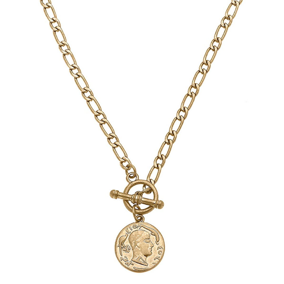 Ezra Coin T-Bar Necklace in Worn Gold