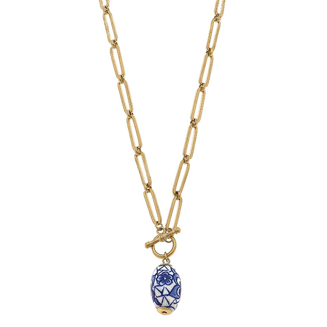 Evelyn Chinoiserie T-Bar Necklace in Blue & White