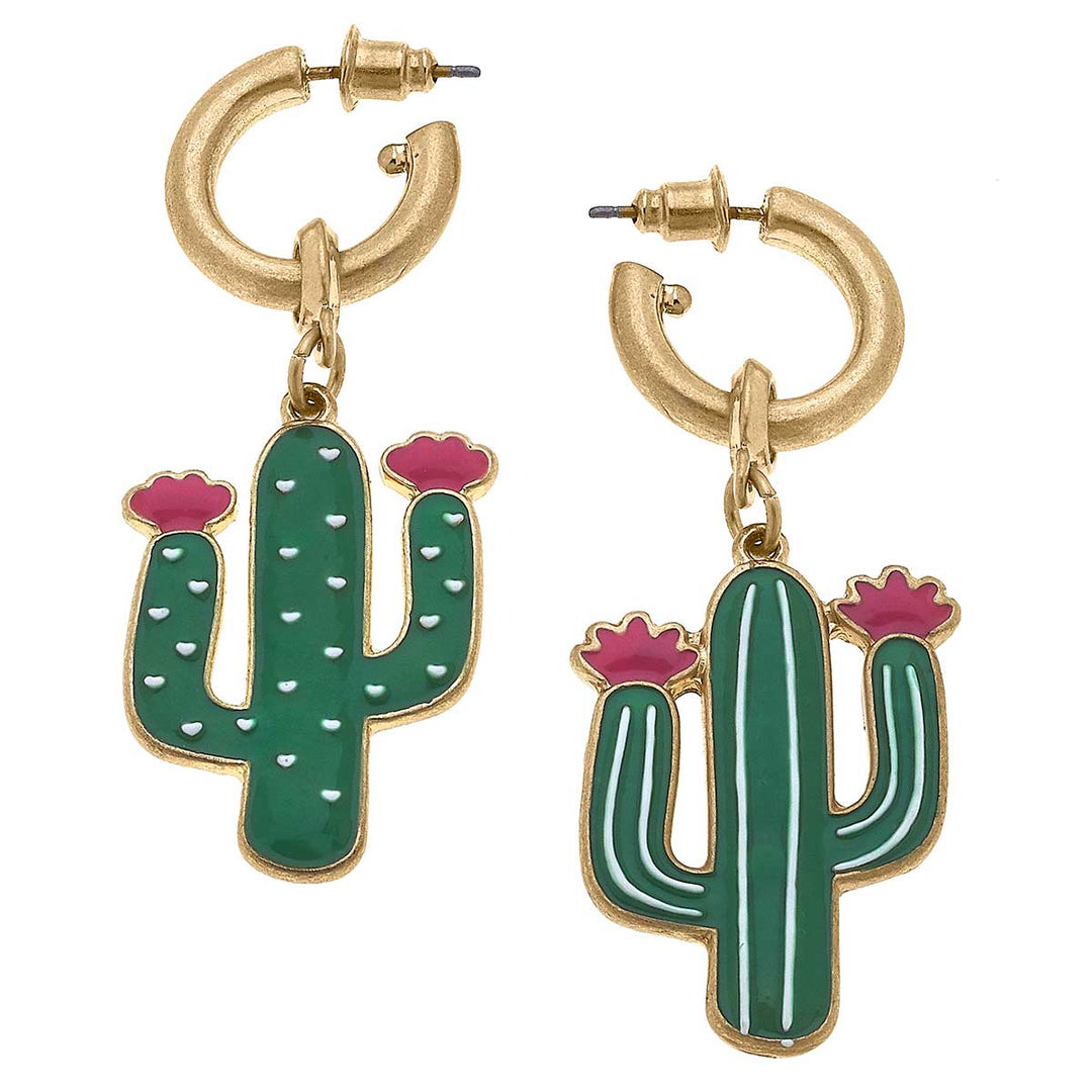 Whimsical Cactus Enamel Earrings in Green & Pink