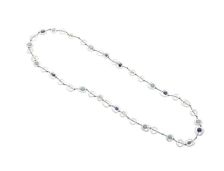 413 - Long Silver Geometric with Mixed Natural Stones