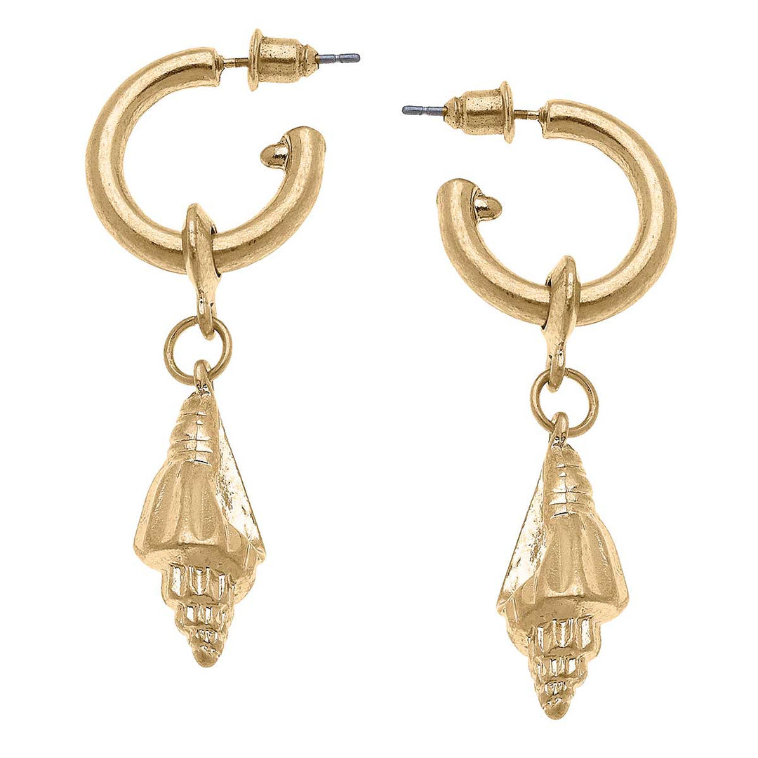 CANVAS Style - Spiral Shell Drop Hoop Earrings in Worn Gold
