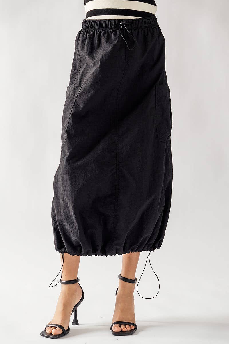 Toggle Tie Side Pockets Long Skirt - Black