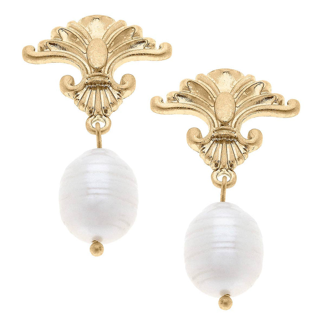 CANVAS Style - Bardot Fleur de Lis & Pearl Drop Earrings in Worn Gold