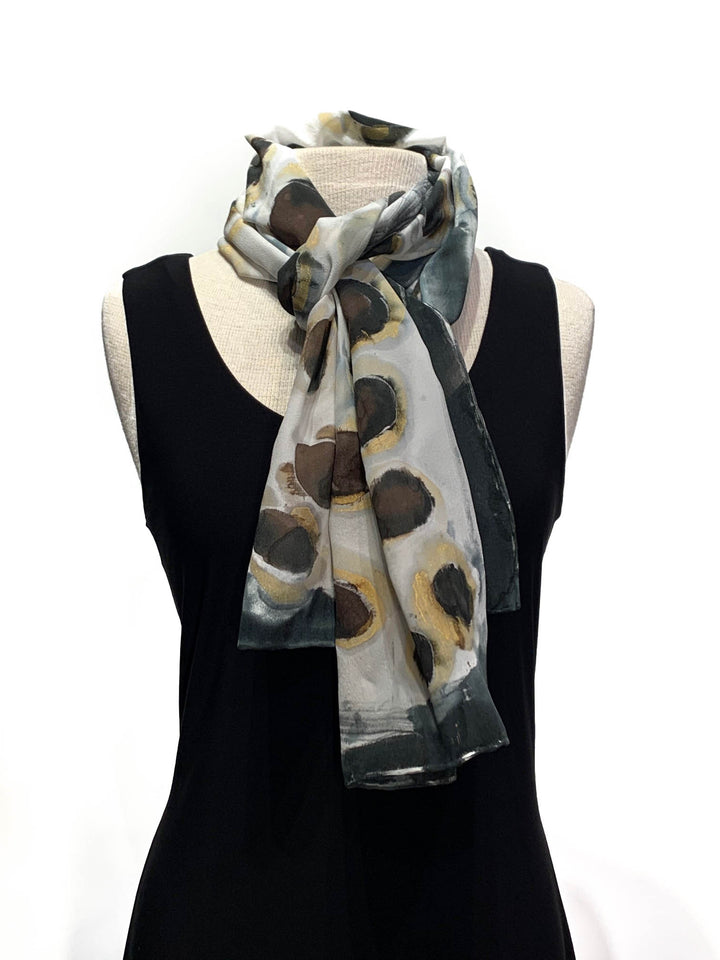 Hand-Painted Silk Gold,White, Brown and Black Dotted Scarf