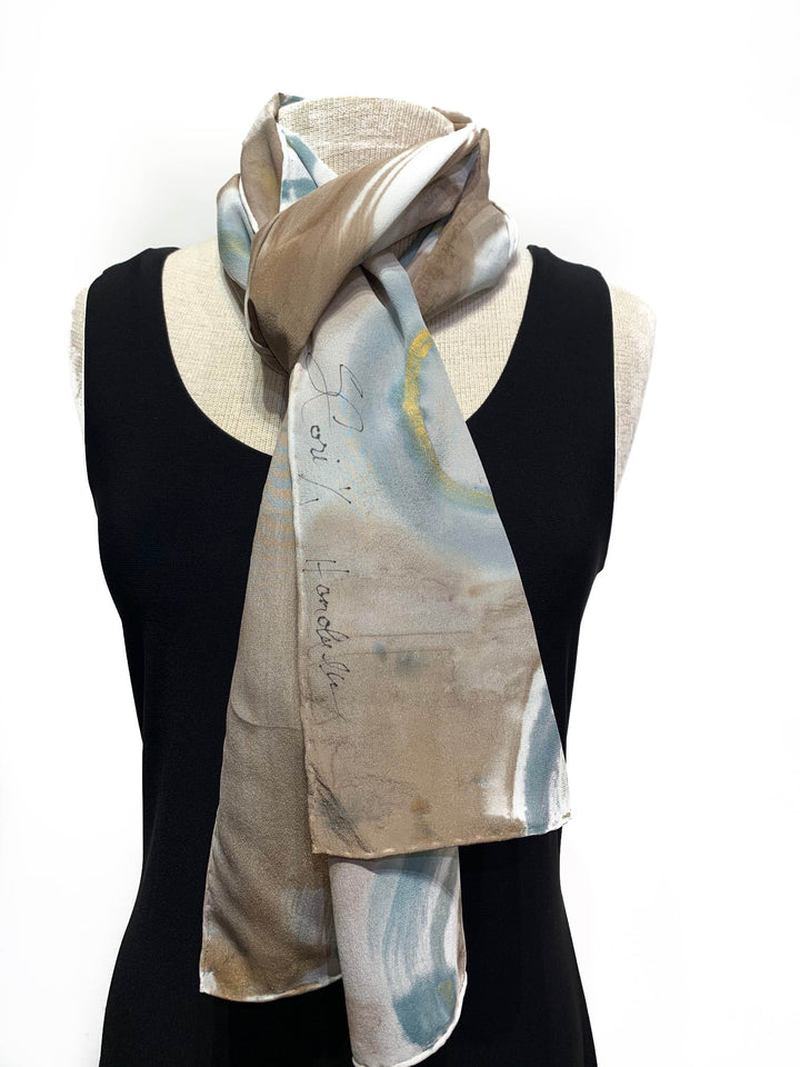Light Tan and Blue Hand Painted 100% Silk Scarf