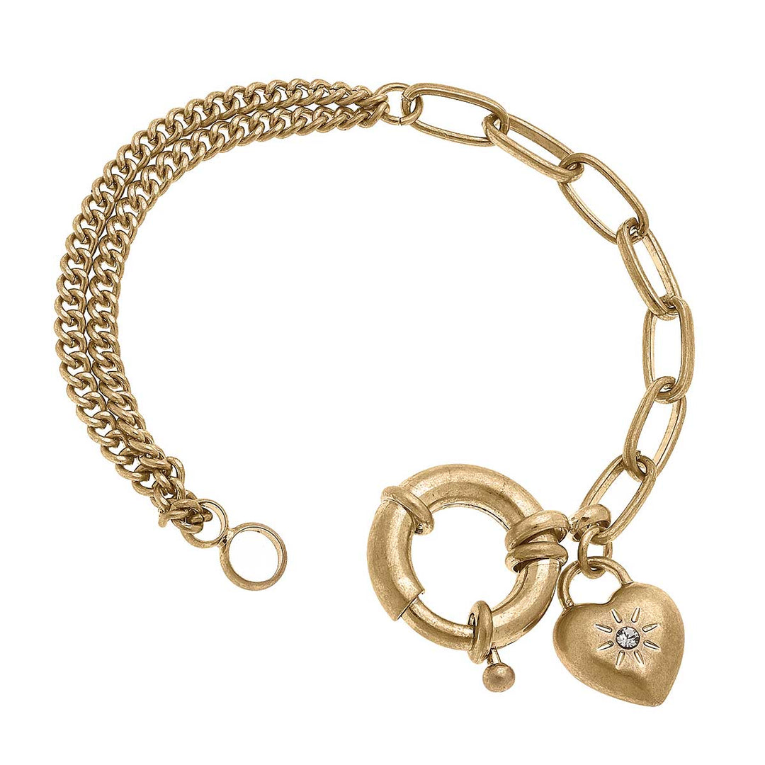 CANVAS Style - Kacie Puffed Heart Mixed Media Chain Bracelet in Worn Gold