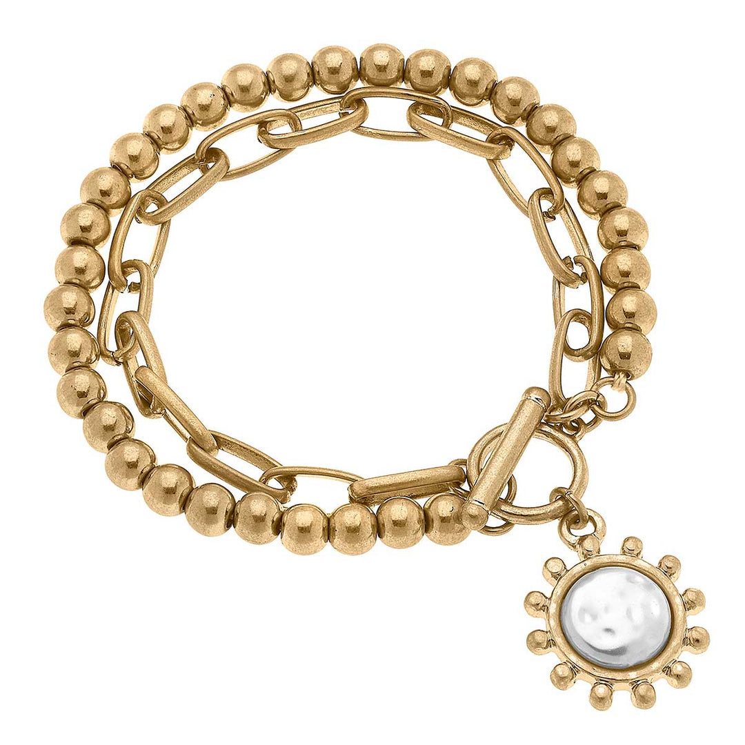 Amelie Coin Pearl Mixed Media T-Bar Bracelet in Worn Gold