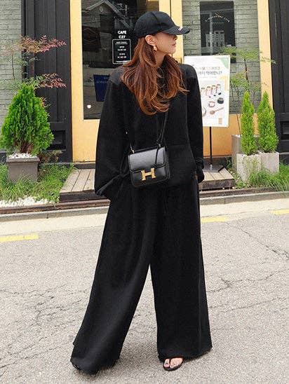 Loose Urban Gray Wide Leg Elastic Waist Pants: BLACK / M