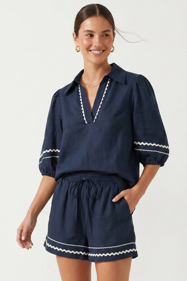Puff Sleeve Linen Blouse: Red / M