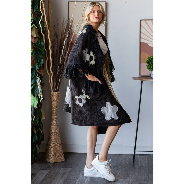 FLOWER LACE RUFFLE DUSTER: BLACK