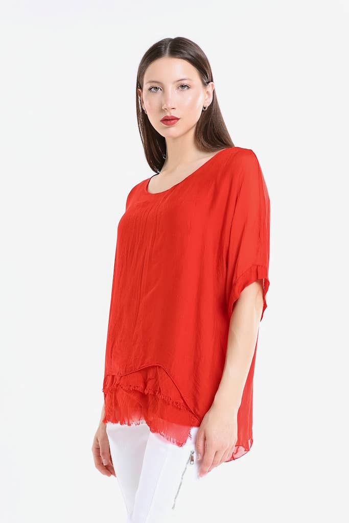 Adriana Silk Double Raw Edge Top (BQ209): Navy