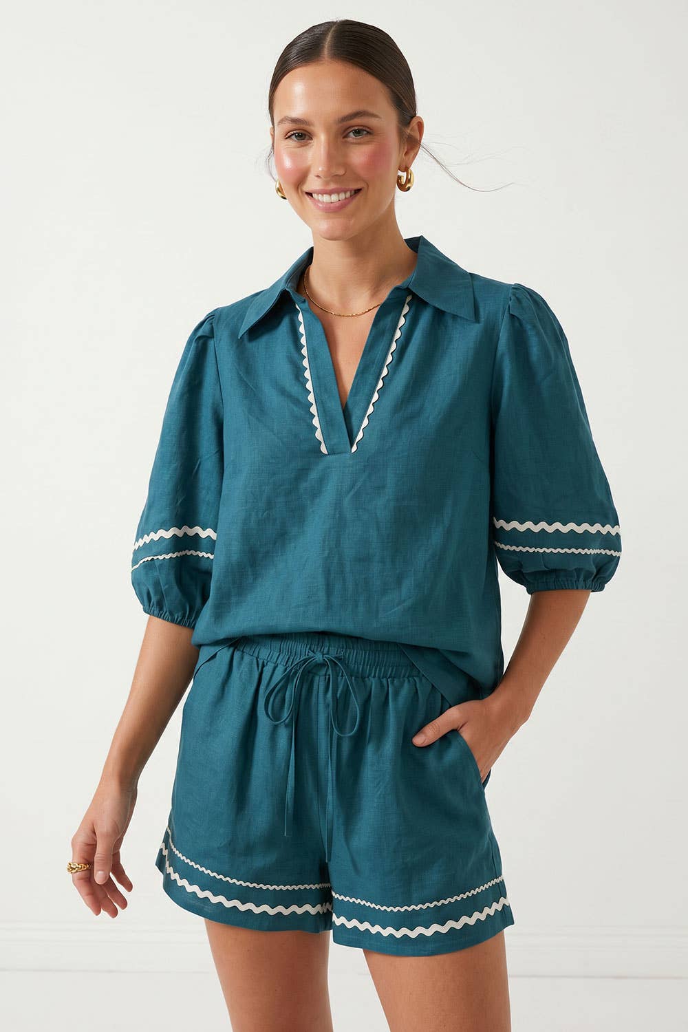 Puff Sleeve Linen Blouse: Red / S