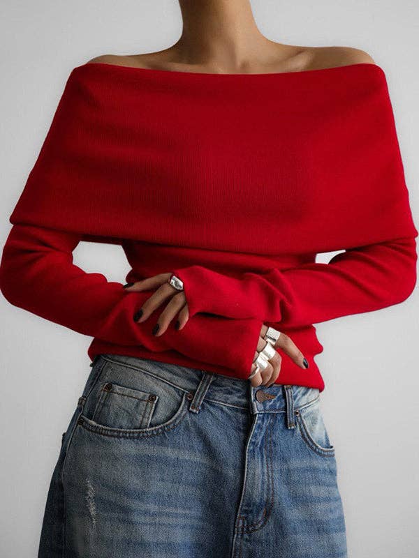 Off-The-Shoulder Sweater Tops: BLACK / M