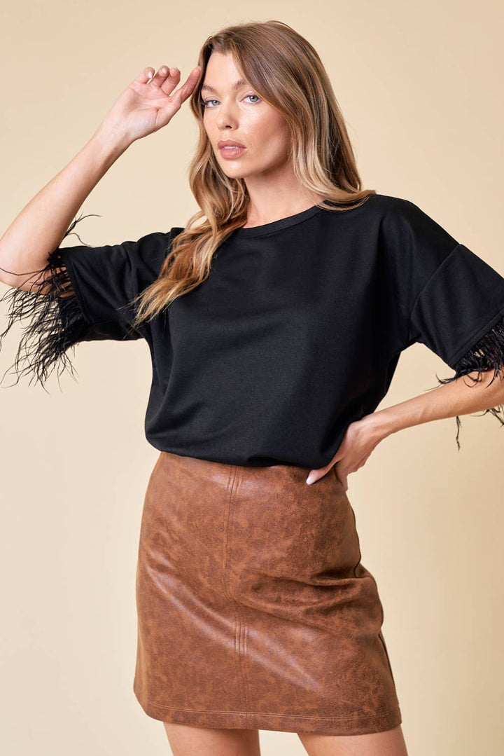 Top With Feather Trim - 13699T: Black / L