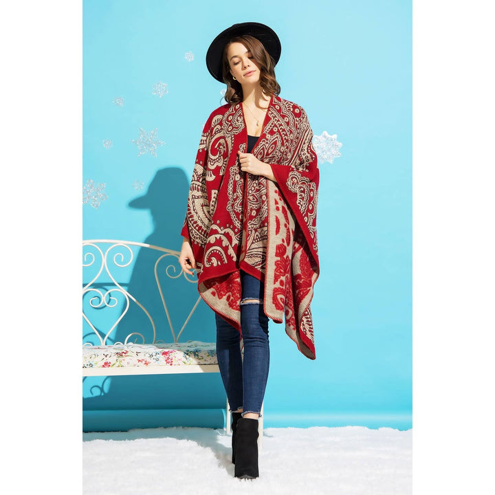 REVERSIBLE FLORAL JACQUARD PONCHO: Red / Black / ONE SIZE