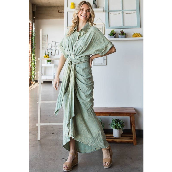 TIE WAIST BUTTON DOWN SHIRT DRESS: MINT