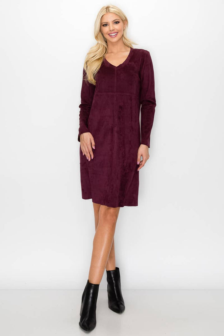 Aurora V-Neck Suede Dress: KHAKI / XS / 2059V