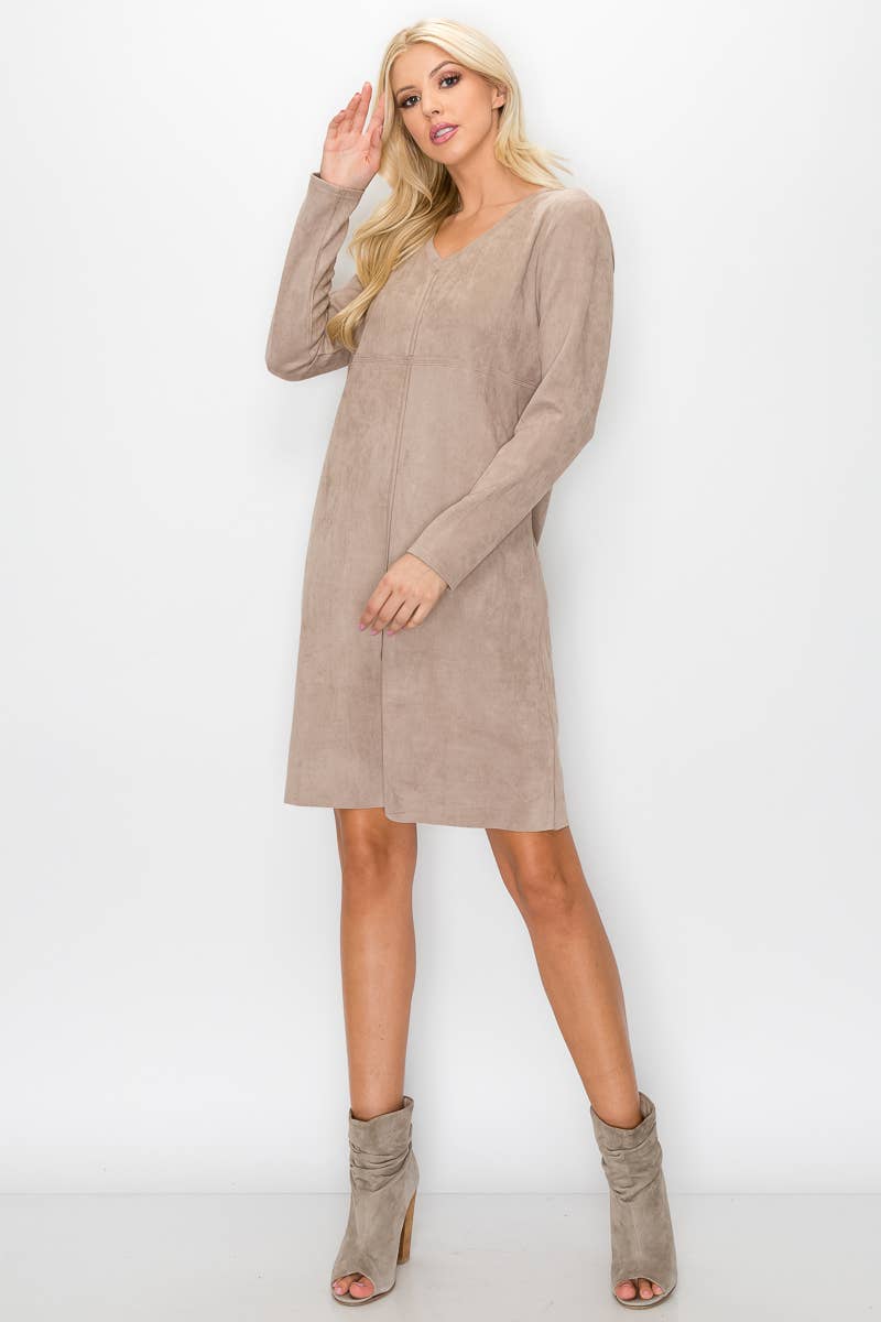 Aurora V-Neck Suede Dress: MAHOGANY / XS / 2059V