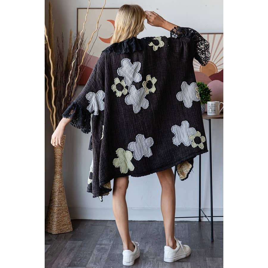 FLOWER LACE RUFFLE DUSTER: BLACK