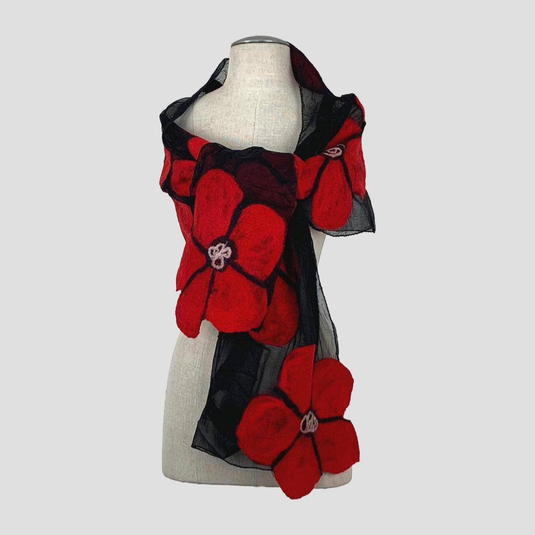Red Big Flowers Merino Wool Felt Soft Scarf