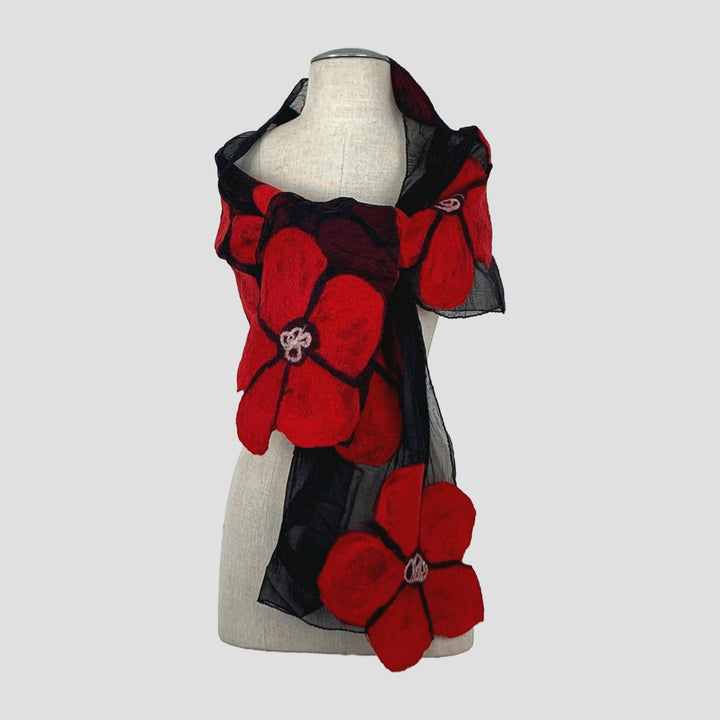 Red Big Flowers Merino Wool Felt Soft Scarf