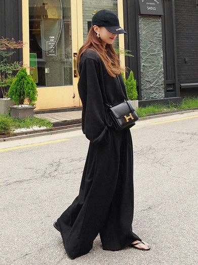 Urban Gray Wide Leg Elastic Waist Pants: BLACK / XL