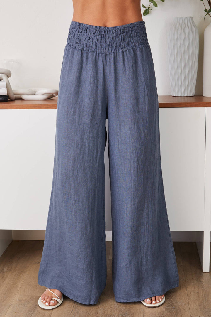 LINEN SMOCKED WAIST PANT: Mocha / L