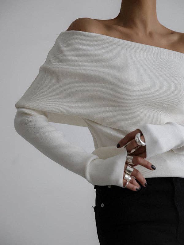 Off-The-Shoulder Sweater Tops: BLACK / M