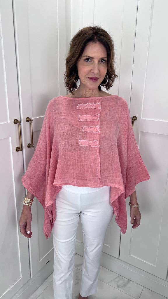 Hallie Crinkle Linen 3/4 Slv Top Coral