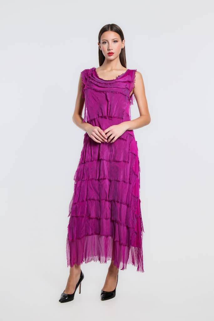 Aleena Silk Maxi Ruffle Dress (DT215):Orchid