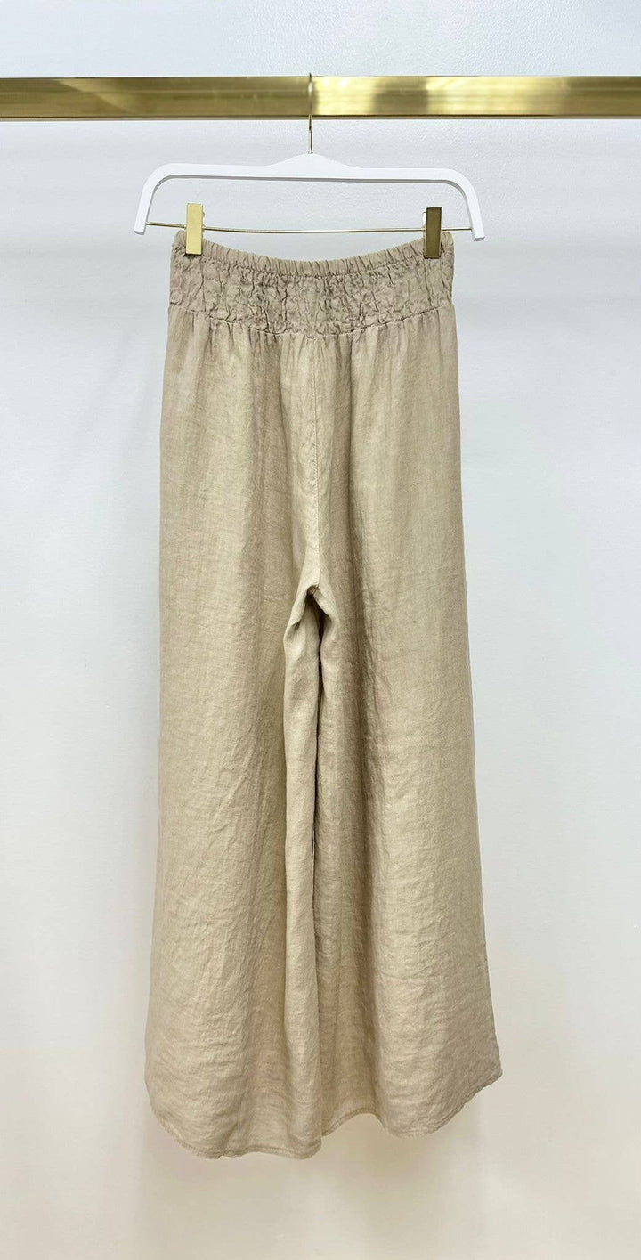LINEN WIDE LEG PANTS: Earth Beige / M