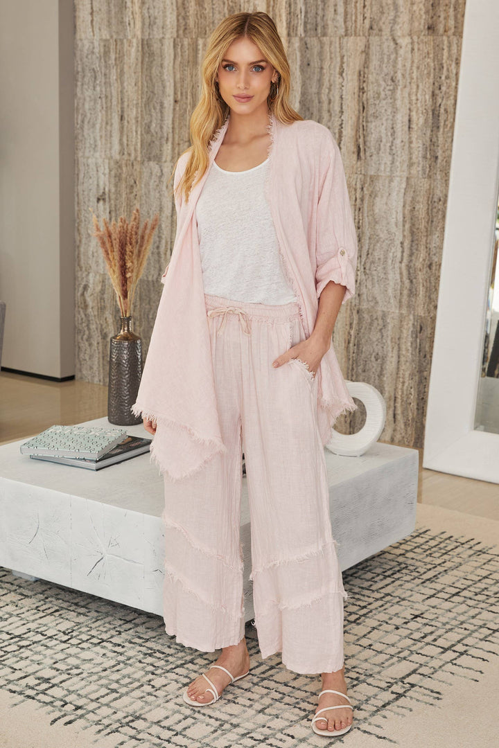 LINEN ASYMMETRICAL CARDI: Beige / S