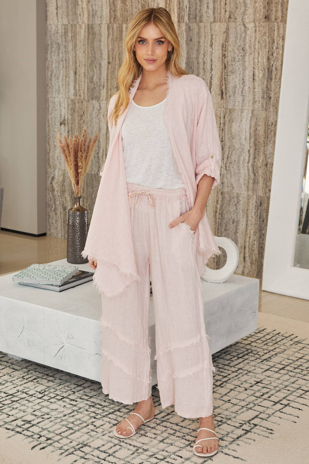 LINEN ASYMMETRICAL CARDI: Beige / L