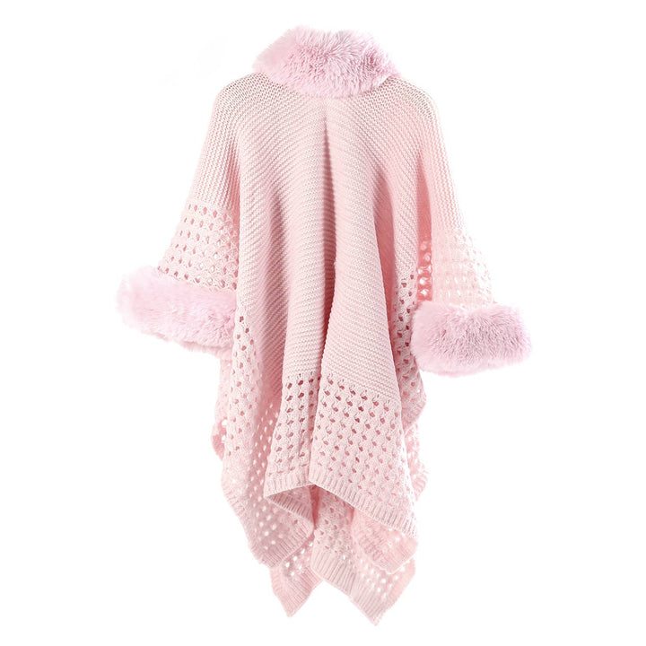 PE364 Hand knitted crochet fur trim cape: Silver