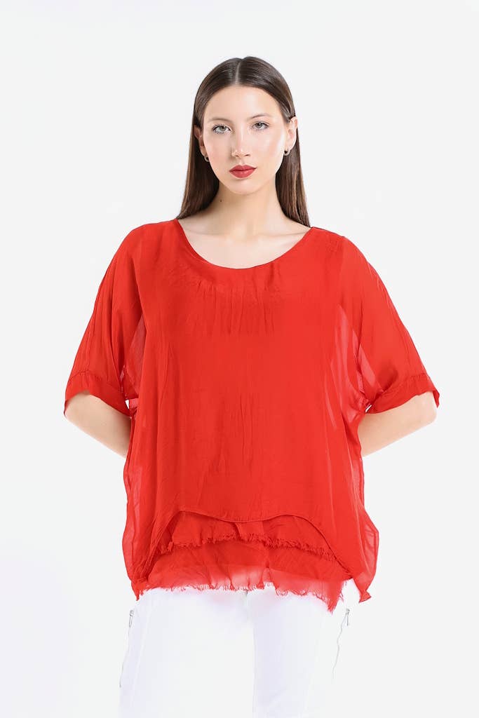 Adriana Silk Double Raw Edge Top (BQ209): Navy