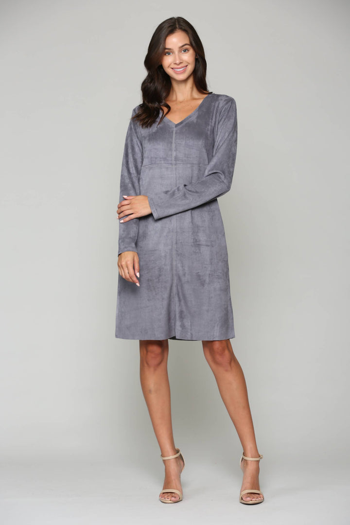 Aurora V-Neck Suede Dress: KHAKI / XS / 2059V