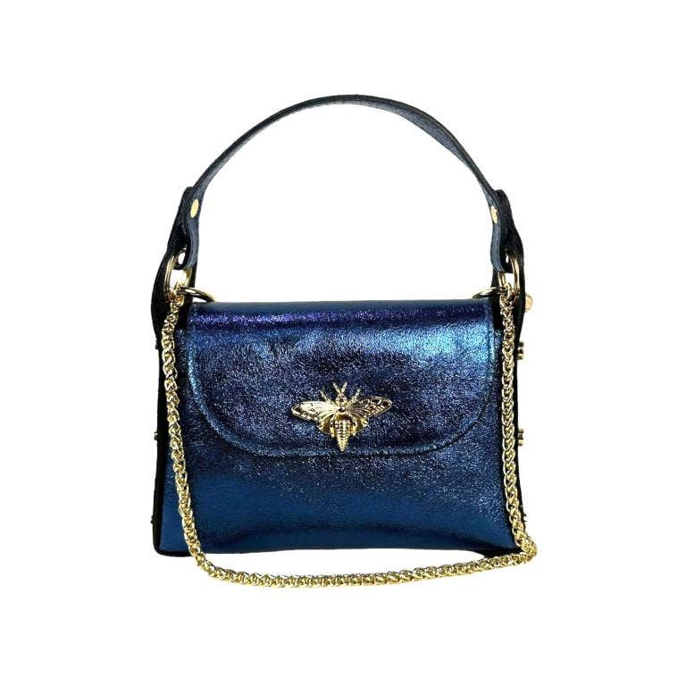 Metallic Leather Bag w/Studs and Bee: Gold